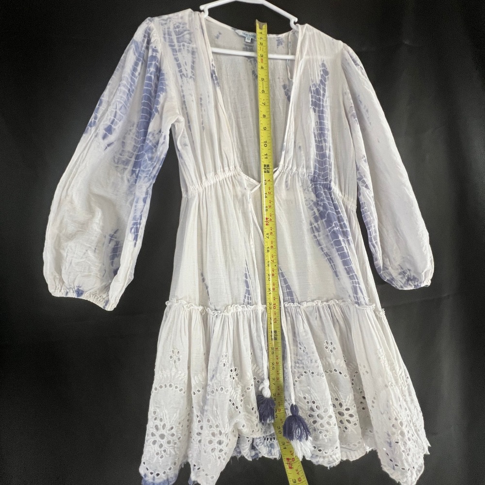 Blue Island Tie Dye Eyelet Mini Dress Womens XS White Blue Tassel Boho Beach - Picture 6 of 8